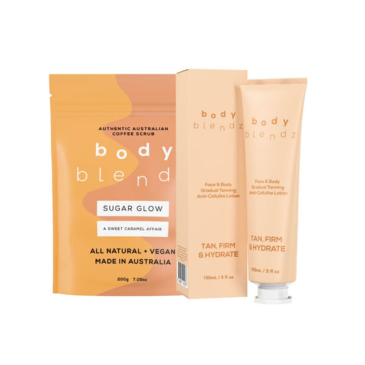 BodyBlendz Tan & Glow Duo (kohvikoorija + pinguldav isepäevituv kehakreem)